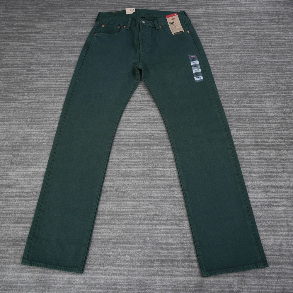 Levis 501 Jeans Men Dark Green Stretch Straight Button New 30x30 (Fit 31x30.5)